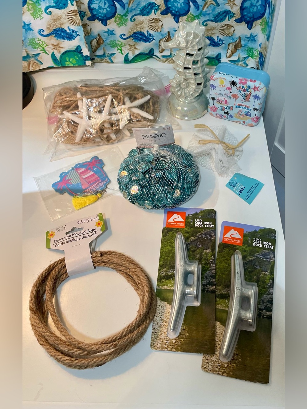 Coastal Bundle- cleats, tin, nautical rope, glass gems, seahorse, & more!